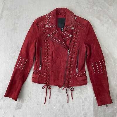 #ad Belle Vere Moto Jacket Small Brick Red Leather Asymmetrical Zip Studded Buckle $97.92
