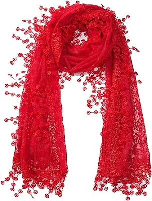#ad Women#x27;s lightweight Feminine lace teardrop fringe Lace Scarf Red With Fringes $24.20