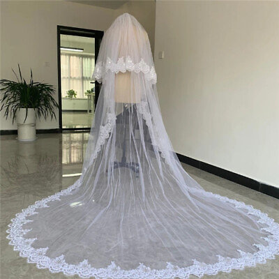 #ad 4 5 meter white ivory cathedral wedding veil with long lace edge bride veil $85.65