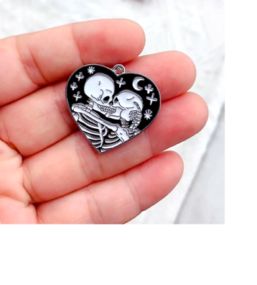 #ad SKULLS KISS HEART BLACK LOVE SKELETON Pendant 20quot; 925 Sterling Silver Necklace $19.88