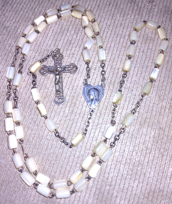 #ad VINTAGE STERLING SILVER CRUCIFIX MOTHER OF PEARL ROSARY BEADS JESUS MARY FRANCE $89.99