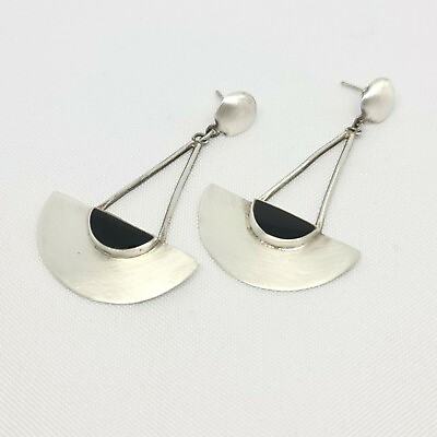 #ad Lovely Vintage 925 Silver Art Deco Design Black Onyx Earrings. $78.29