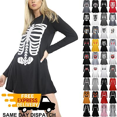 #ad Womens Ladies Skeleton Printed Halloween Costume Smock Flared Swing Mini Dresses GBP 8.39