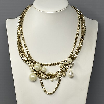 #ad Bib Chain Necklace Gold Tone Waterfall Asymmetrical Imitation Pearl Multi Strand $19.00