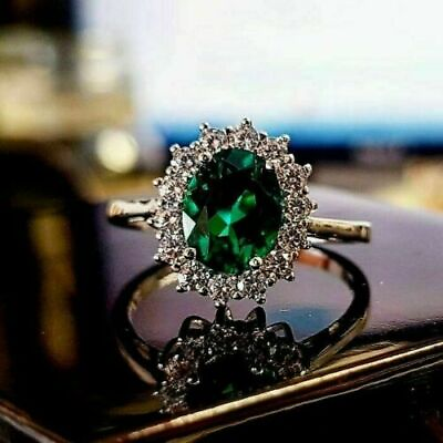 #ad 3Ct Oval Cut Green Emerald Diamond Halo Natural Ring 14K White Gold Plated $262.49