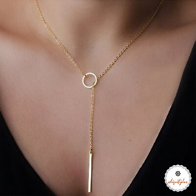 #ad Gold Long necklace women Pendant 925 Sterling Circle Bar simple daily wear GBP 3.50