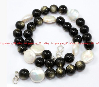 #ad Fashion 10mm Natural Gold Eyes Obsidian Gemstone White Coin Pearl Beads Necklace $20.99