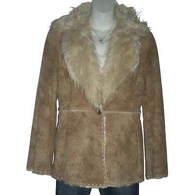 #ad Vintage 90#x27;s Guess Leather Jacket Penny Lane Whipstitch Boho Faux Fur Coat y2k S $199.22