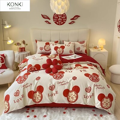 #ad Wedding Cartoon Mouse 100% Cotton Queen King Duvet Cover Modern Bedding Set Red $189.00