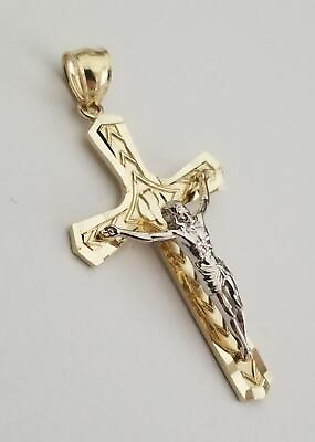 #ad 14k Real Two Tone Gold Yellow and White Jesus Crucifix Religious Cross Pendant $169.00