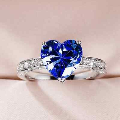 #ad 14K White Gold Plated Lab Created Heart Shape Blue Sapphire Engagement Ring 3Ct $109.19