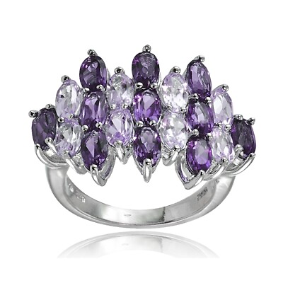 #ad Sterling Silver African Amethyst and Amethyst Oval Cut Cluster Ring $31.68