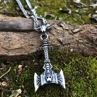#ad Men#x27;s Nordic Viking Stainless Steel Skull Head Double Axe Pendant Necklace Gift $9.33