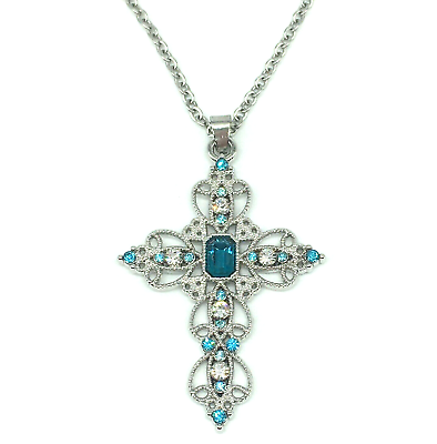 #ad Silver Tone Cross Pendant Blue Rhinestones Ornate Sparkly $11.95