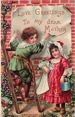 #ad To My Dear Mother Boy amp; Girl Paint Sign Beautiful Embossed Vintage Postcard $9.00