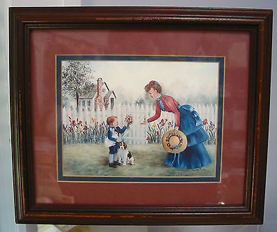 #ad Glynda Turley Framed Print Mother amp; Boy Dog and Bunny Rare 11.5quot;x9 7 8quot; Vintage $29.99