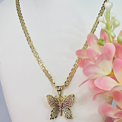 #ad 14k Gold Plated Butterfly Tri tone Gold Pendant Necklace with Chain 20in #238 $18.00