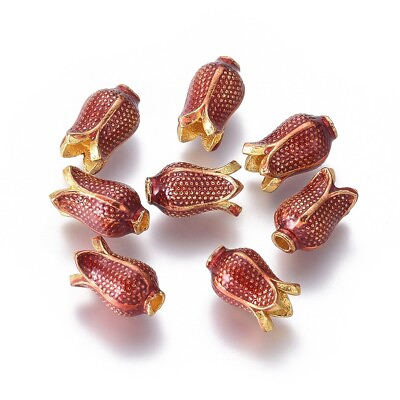#ad 10 pcs Alloy Flower Red Golden Enamel Beads Crafts For DIY Jewelry Making 11x7mm $8.61