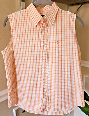#ad Ralph Lauren Sport Girls Sleeveless Collared Shirt Peach Orange and White 8 $12.60