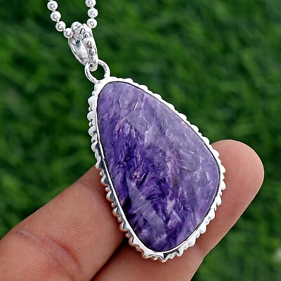 #ad Natural Purple Charoite Gemstone Sterling Silver Pendant Handmade Jewelry $66.39
