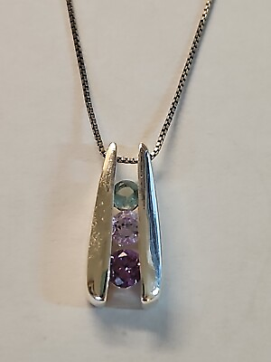 #ad Sterling Silver 925 Multi Gemstones Channel Set in Pendant Necklace 18quot; VINTAGE $27.99