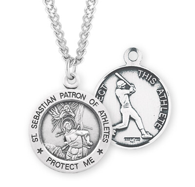 #ad Mens Saint Sebastian Round Sterling Silver Baseball Athlete Medal Necklace 1 In $77.81