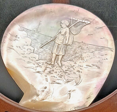 #ad ANTIQUE NEAPOLITAN ITALIAN HANDCARVED CAMEO SHELL 6quot; FISHING WOMAN AT SEA c1890 $149.90