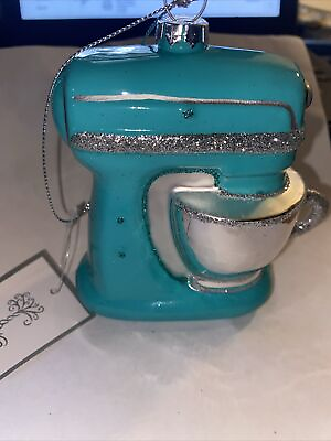 #ad Silver Tree Stand Mixer Christmas Ornament Green w Glitter Accents $13.48