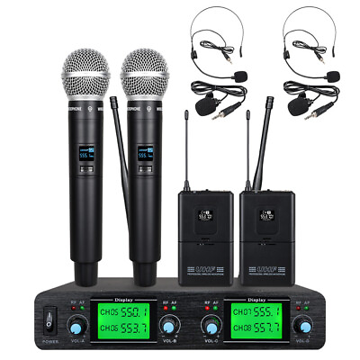 #ad Wireless Microphone System 4 Channel UHF 2 Handheld 2 Headset 2 Lavalier School $99.00