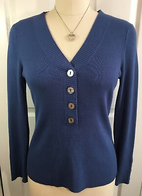 #ad CHICOS Classic Blue LSlv Rib Knit Pullover Sweater w Shell Buttons Sz0 4 8 $9.75