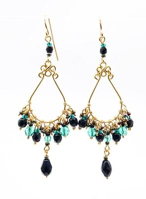 GORGEOUS Lightweight Aquamarine Black Onyx Crystals Gold Chandelier Earrings ABK $19.99