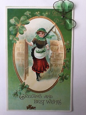 #ad Antique St. Patrick’s Day Postcard Shamrock Lapel Pin Unused Beautiful $15.00