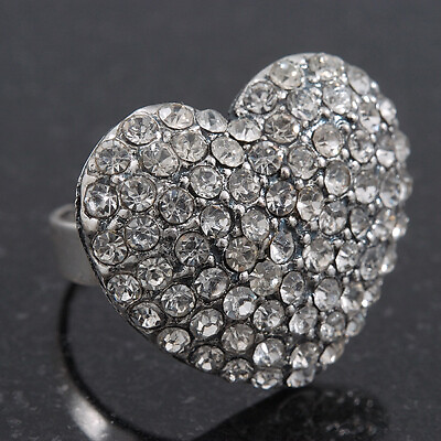 #ad Delicate Clear Crystal #x27;Heart#x27; Ring In Silver Plating Adjustable Size 7 8 GBP 12.90