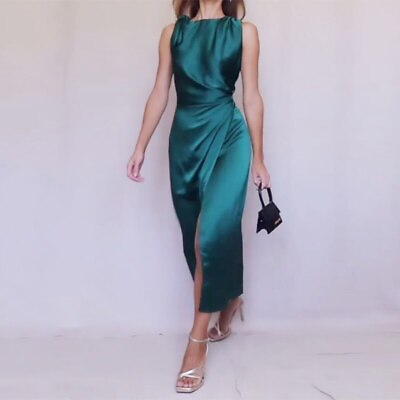 #ad Women Dress Fashion Satin Sleek Sleeveless Lace Up Waist Slit Solid Pleated $25.29