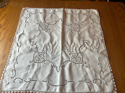#ad VTG Table Topper Card Tea Tablecloth 34” SQ White Eyelet Crochet Lace Cotton $18.90