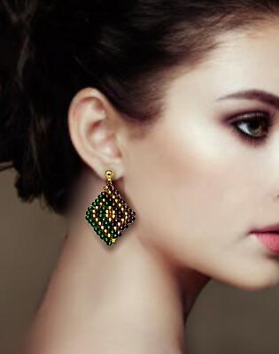 #ad Handmade Beaded Earrings geometric shape Gold 18 K stud ball gold green beads GBP 14.00