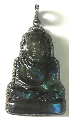 #ad 925 Sterling Silver Diamond Labradorite Buddha carved figure Pendant Jewelry $99.99