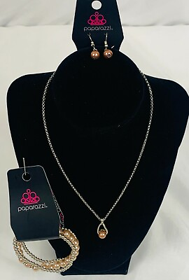 #ad Paparazzi Brown Pearl Tear Drop amp; Rhinestone Necklace Earring amp; Bracelet Set $9.00
