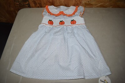 #ad Girls Boutique Polka Dot Pumpkin Smocked Dress Blue Collared #84 $18.00