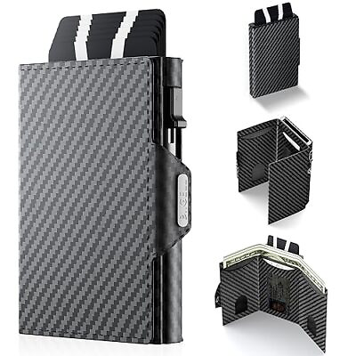 #ad Wallet for Men Card Holder Pop Up Aluminum Case Carbon Fiber Leather RFID B... $29.86