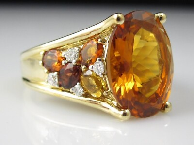 #ad Citrine Diamond Ring 14K Yellow Gold Cluster Cocktail Designer CORONA Size 8.5 $995.00