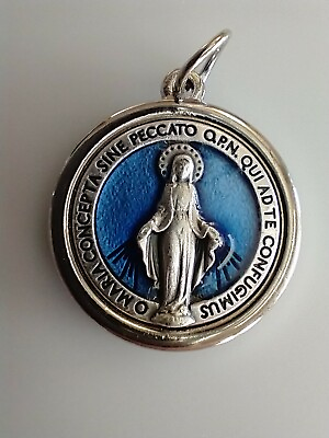 #ad Catholic Silver Tone Blue Enamel Miraculous Medal Mary $8.99
