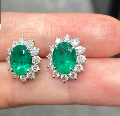 #ad Natural Emerald Gemstone Halo Stud Earrings VS H Diamond 14k White Gold $580.00