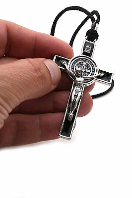 #ad 3quot; St Benedict Crucifix Cross Catholic Necklace Black Enamel Men amp; Women On Cord $14.55