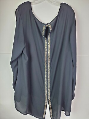 #ad Torrid Blouse Size 3 Black Silver Beaded Lightweight Cutout Sleeve Blouse LS GUC $23.10