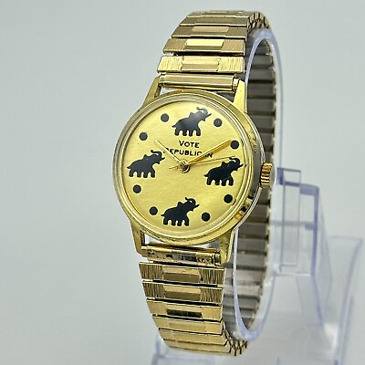 #ad Vintage 1970s Men#x27;s VOTE REPUBLICAN Elephant Gold Tone Watch 34mm Flex Band $36.99