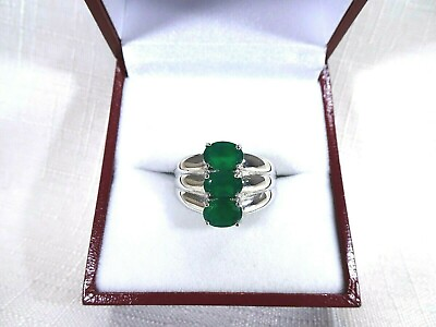 #ad 2.25 ct Natural Green Agate Solid Sterling Silver Three stone Ring AU $99.00