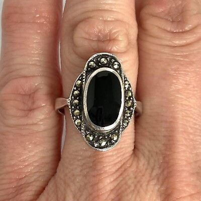 #ad Sterling Silver 925 Oval Black Onyx With Marcasite Art Deco Style Ring Sz 7 $48.00