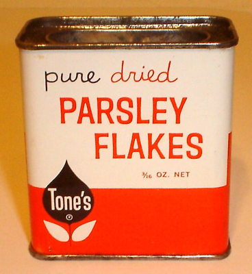 #ad Vintage Tone#x27;s Parsley Flakes Orange amp; White 3 16 oz. Spice Tin Des Moines Iowa $12.00