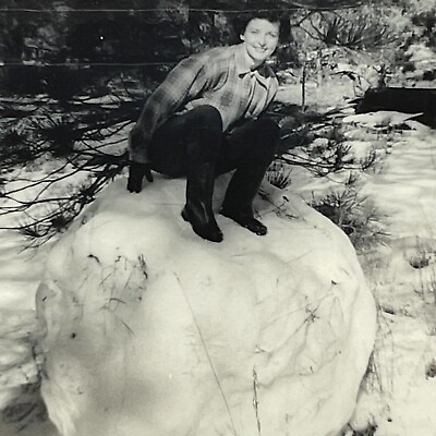 #ad YJ Photograph Pretty Woman Sitting On Top Of Giant Snowball Winter 1950#x27;s Lovely $14.96